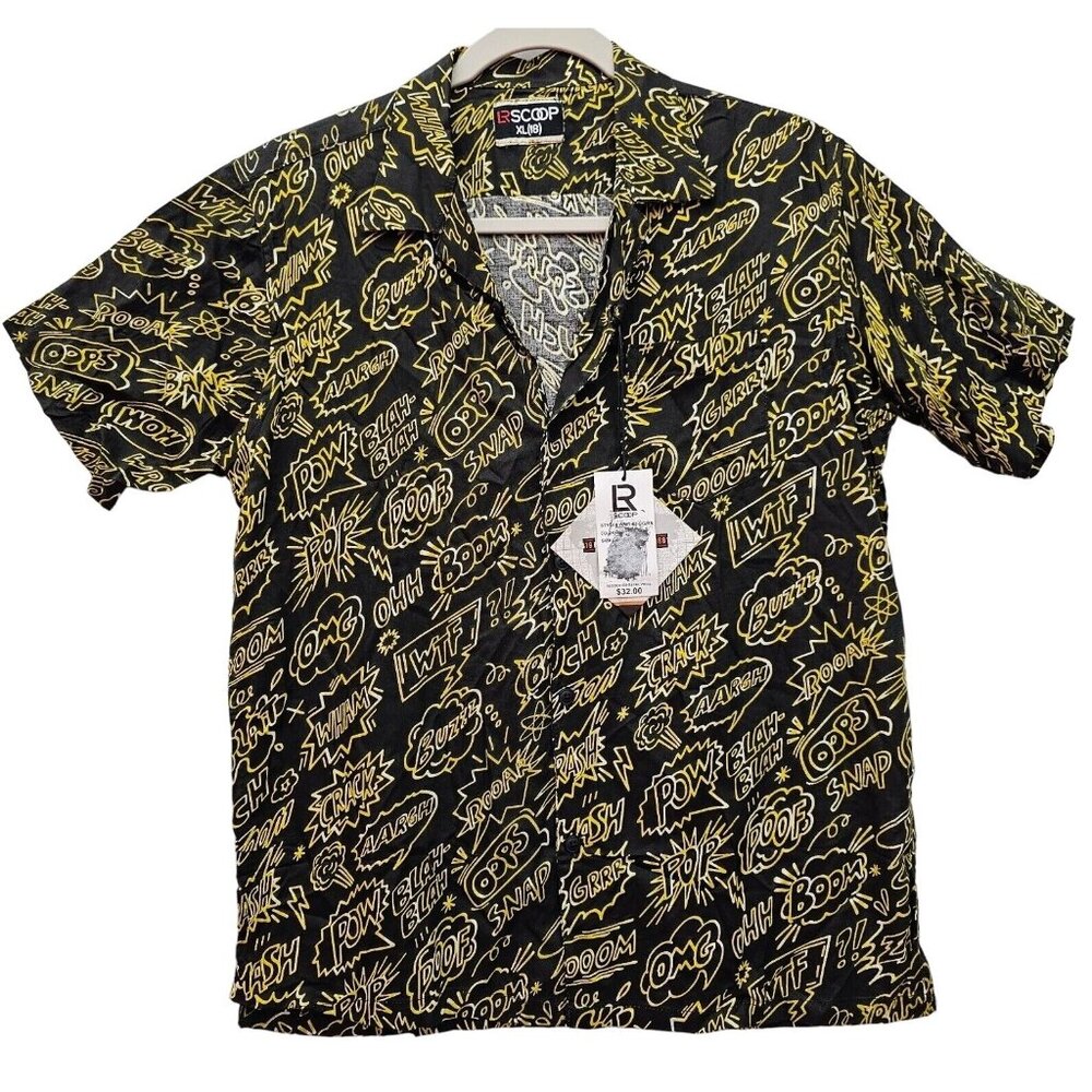 LR Scoop Boys Button Up Comics Short Sleeve Shirt Size XL (18)  Black & Yellow